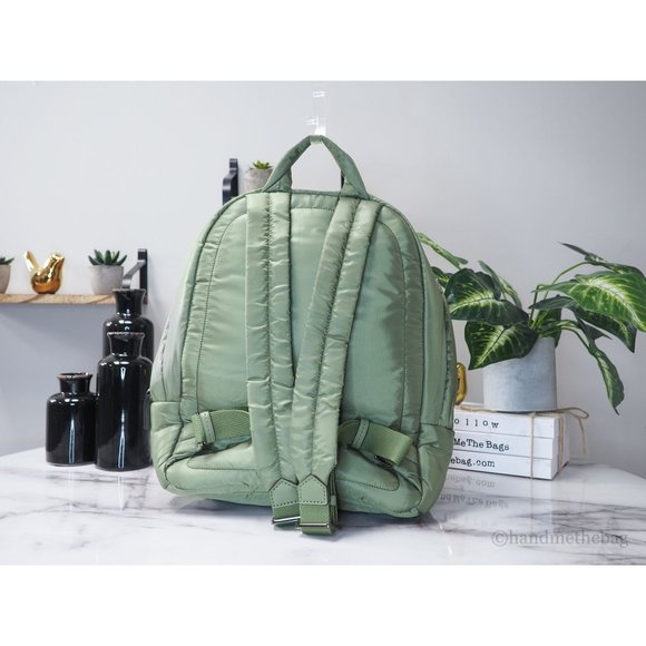 NWT Michael Kors Rae Medium Backpack Green Quilted Nylon Fabric Shoulder Bookbag - Picture 4 of 9